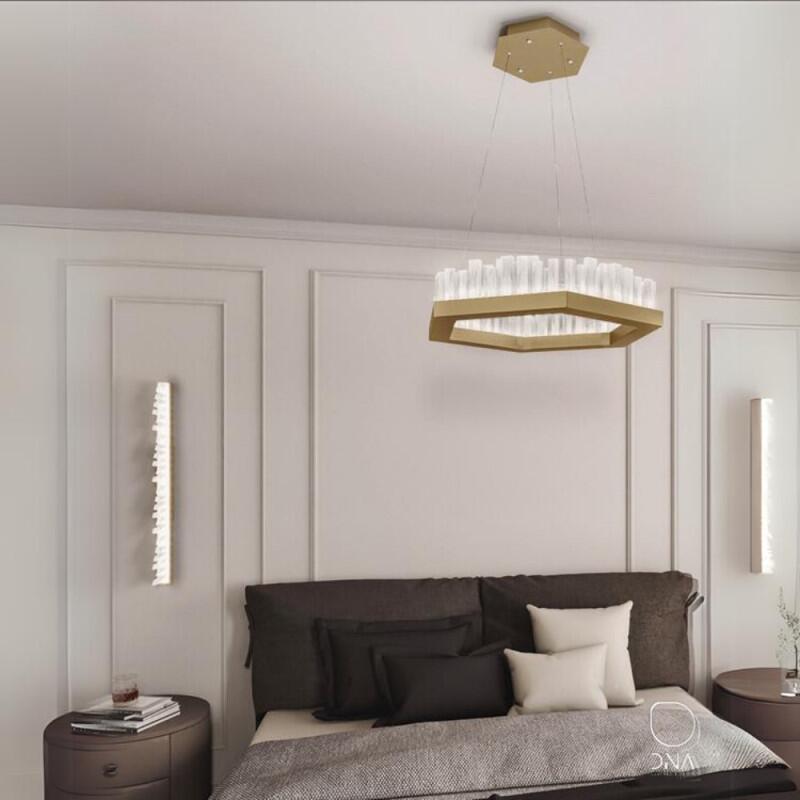 Lustre Sextavado Dourado DNA com Cristal e LED - 80cm