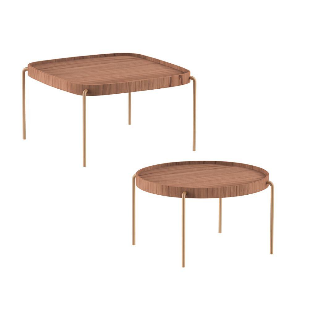 Jogo de Mesas de Centro Curve – Redonda e Quadrada – Madeira Amêndoa/Champanhe