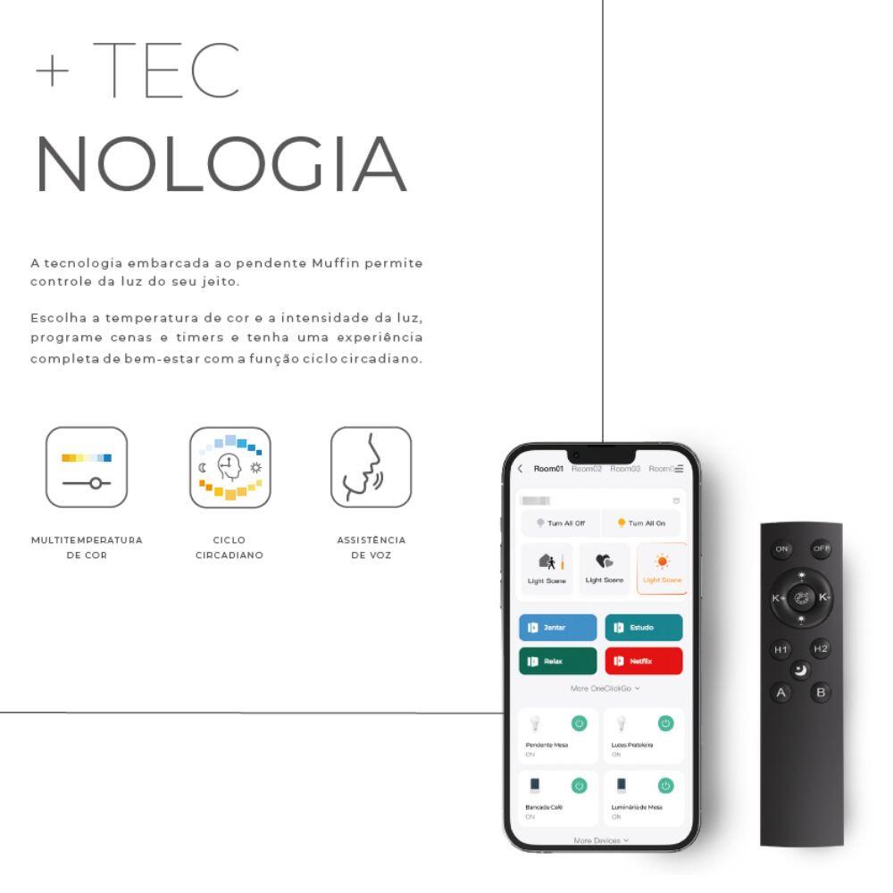 Pendente Muffin Smart Ø45cm com LED 18W 3000K~6000K – Controle por App e Remoto - Studioluce