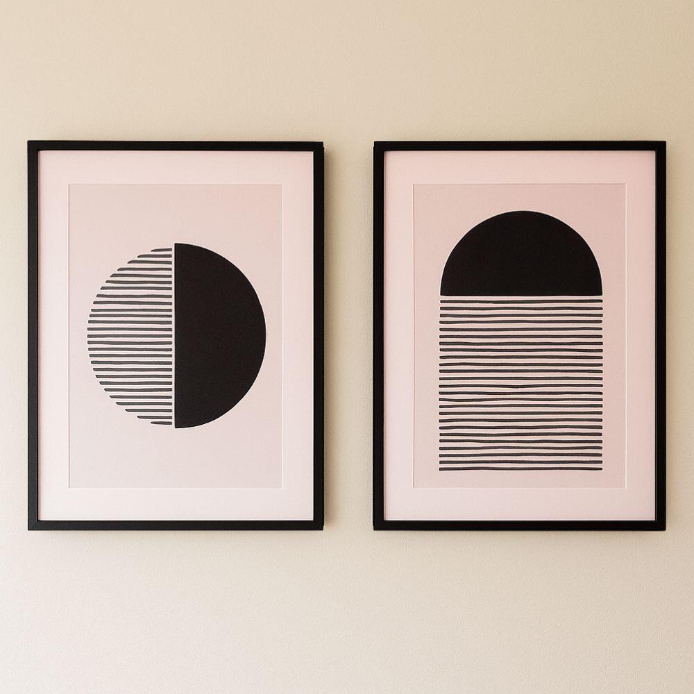 Conjunto de Quadros Geométricos Preto, Branco e Rosa Claro – 2 Unidades – 0,85 x 1,25 m