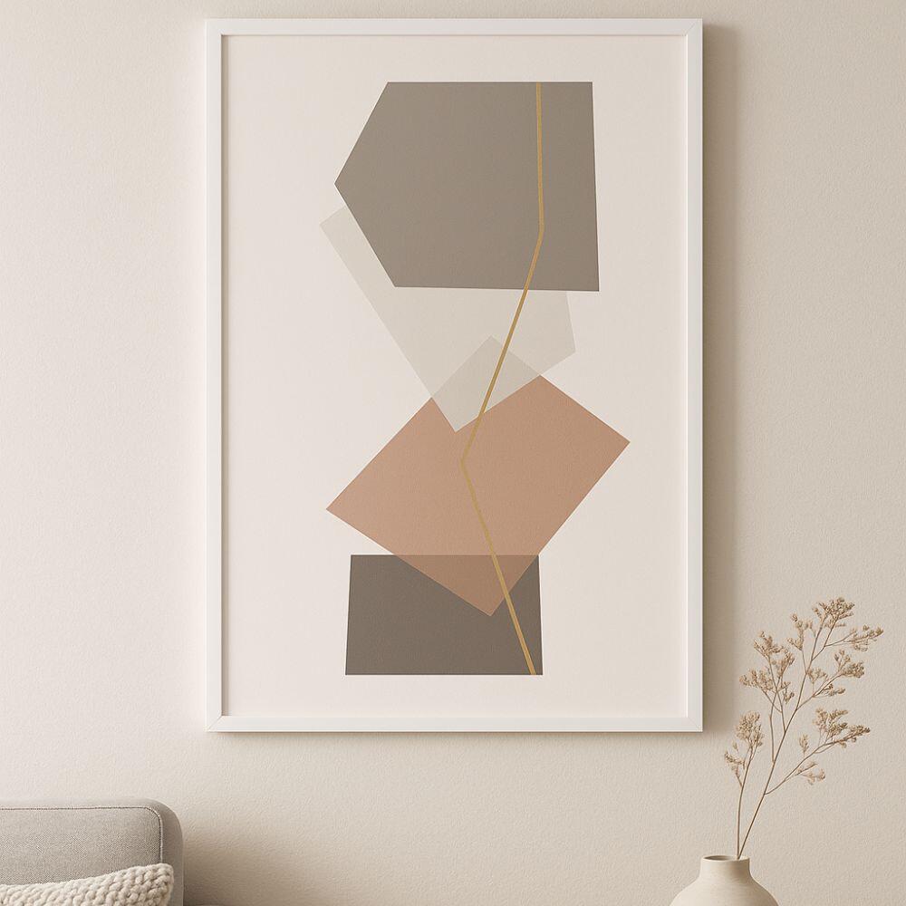 Quadro Abstrato Geométrico Tons Terrosos com Moldura Branca – 0,85 x 1,25 m