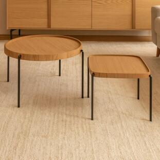 Jogo de Mesas de Centro Curve – Redonda e Quadrada – Madeira Amêndoa/Champanhe