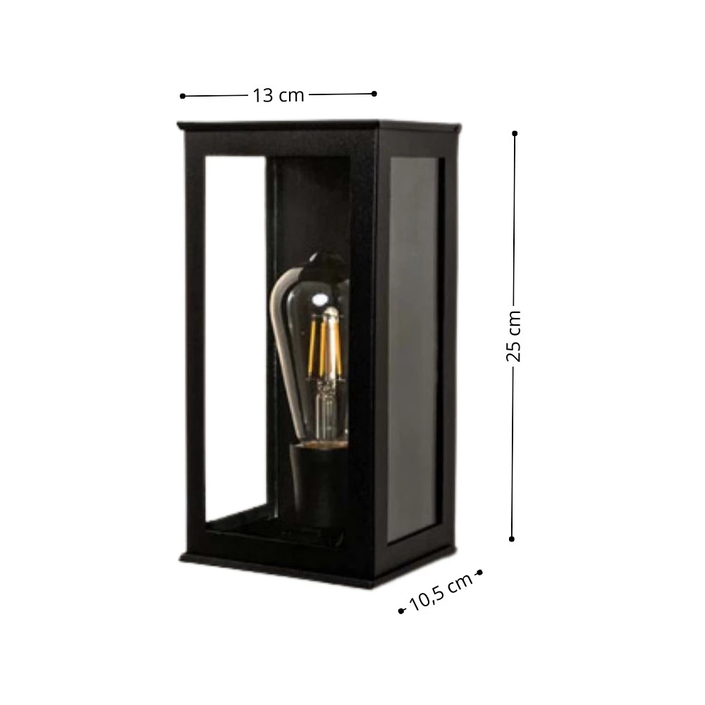 Arandela Retangular Preto Alumínio e Vidro 1xE27 25cm Linha Shine - Ideal 260 - VT-PMT