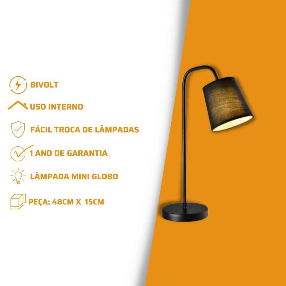 Abajur de Mesa Preto 1XE27 Ø15X48CM - Lumier LU17003-PT