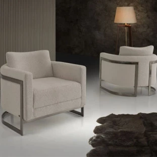 Poltrona Malbec Aço Inox 82cm Linho Perolado- Bel Metais-Padrâo Capa site-Decor Lumen